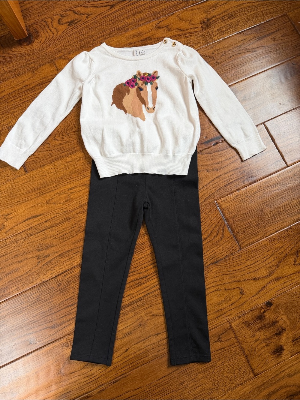 Janie and Jack Cream Horse Sweater with Black Leggings Set